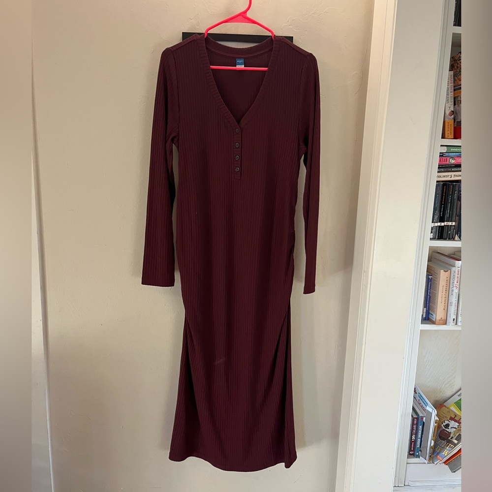 Maternity Burgundy Ribbed Long Sleeve Midi Dress